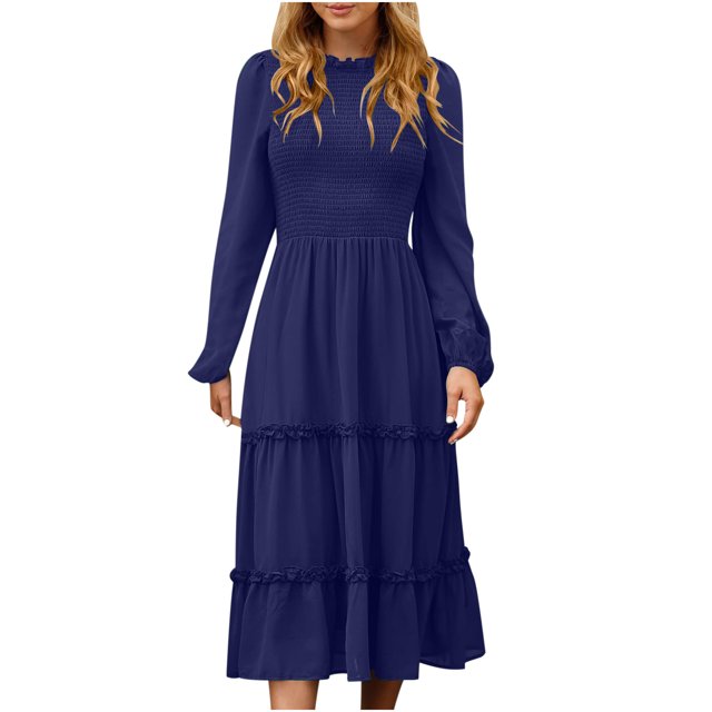 Vestido bohemio ahumado con cuello redondo y manga larga de Color liso para mujer de otoño e invierno Fridja yut6117