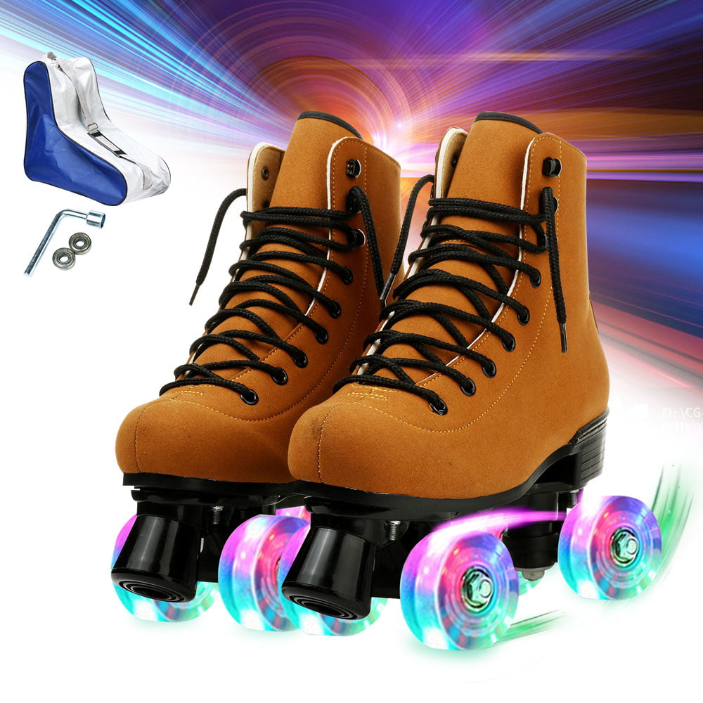 Artificial Leather Adjustable Double Row Four-Wheel Roller Skates Shiny Skates for Unisex Pink Wheel,9 Women's Classic Roller Skates Light Up Wheels 