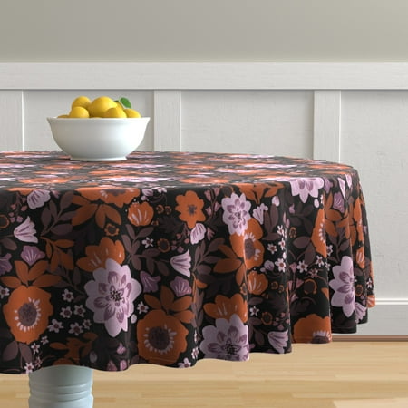 

Cotton Sateen Tablecloth 90 Round - Floral Vintage Purple Orange Flowers Autumn Fall Roses Print Custom Table Linens by Spoonflower