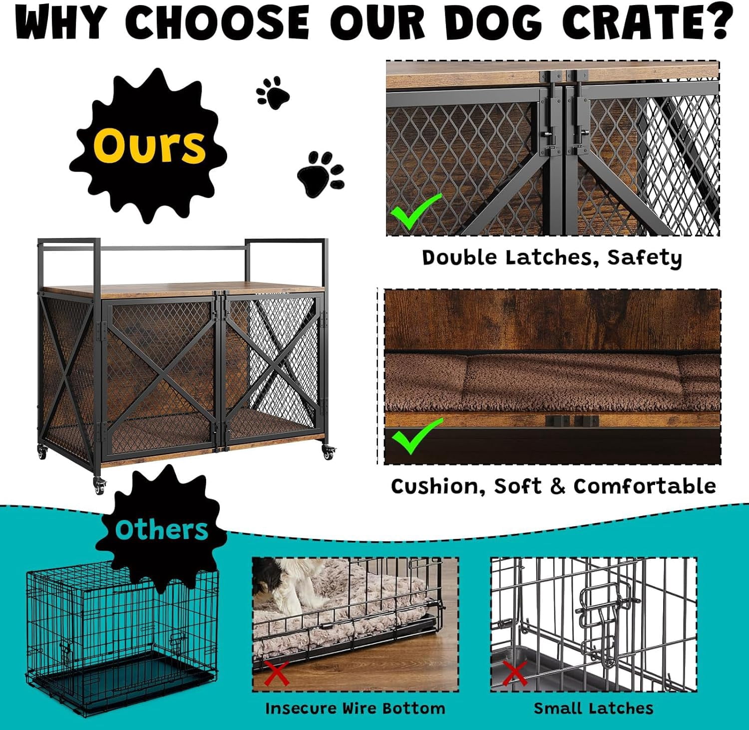 41" Heavy Duty Dog Crate Furniture with Lockable Caster Wheels & Divider – Rustic Indoor Wooden Kennel Table for Large and Medium Dogs, Easy Assembly