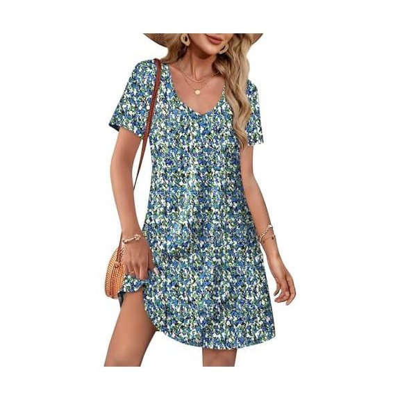 Summer Dresses for Women 2025 Loose V Neck Short Sleeve Casual T Shirt Dress Sundresses Swimsuit Coverup with Pockets