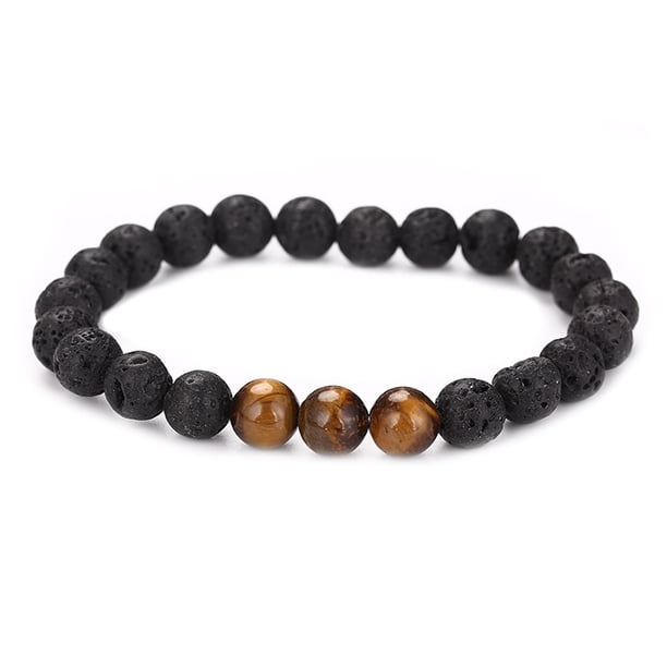 Xiao Hua Pulsera de cuentas hecha a mano, ideal para hombres y mujeres, con cuentas de piedra volcánica natural (negro y marrón).
