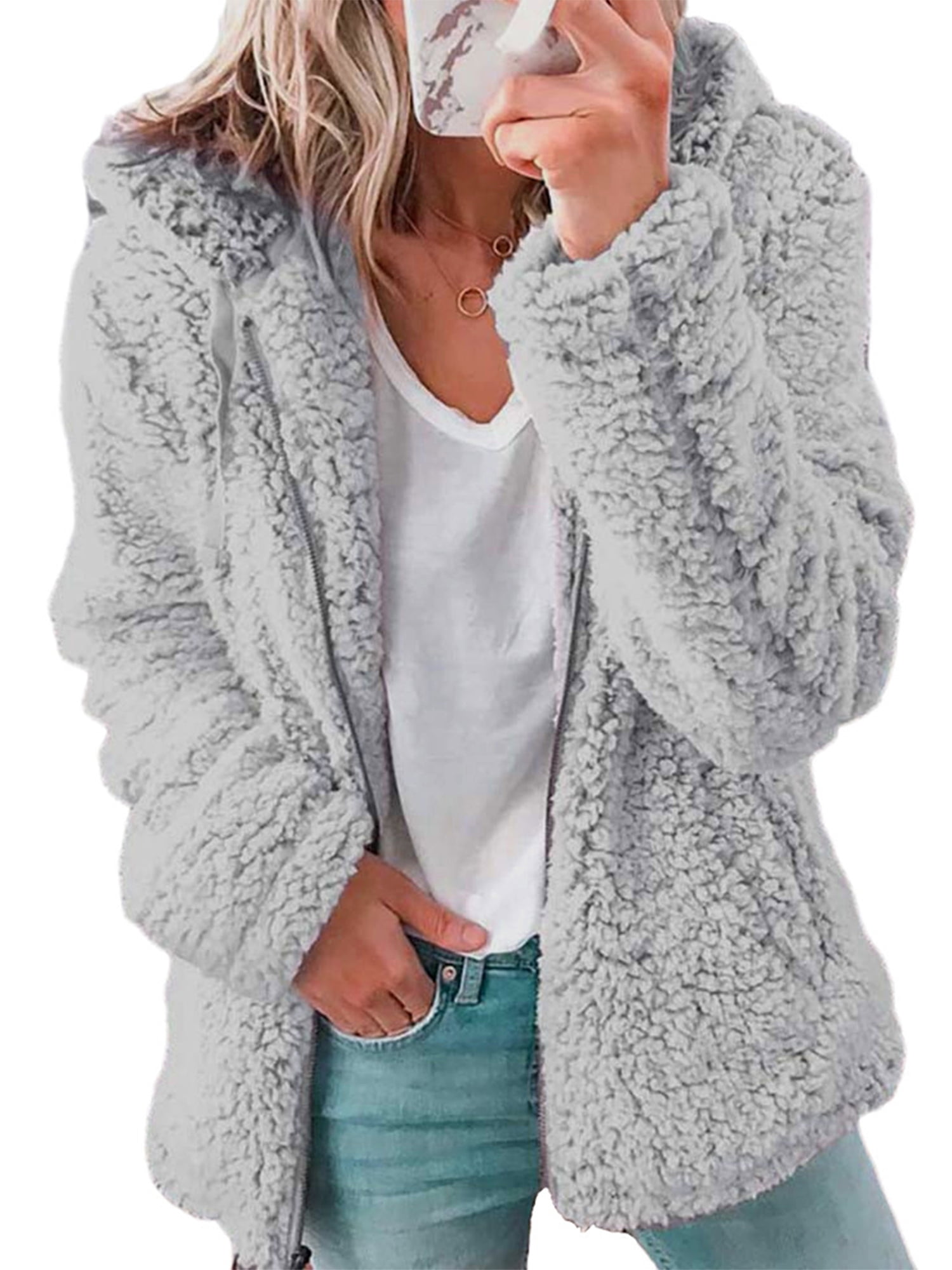 Womens Hoodie Tops Long Sleeve Sweatshirts Fuzzy Fleece Jacket Outwear with Pocket Blouse Cardigan 