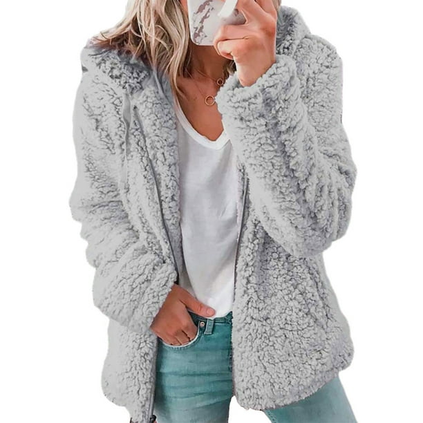 Lumento Lumento Women Plush Fleece Fuzzy Zipper Jacket Long Sleeve