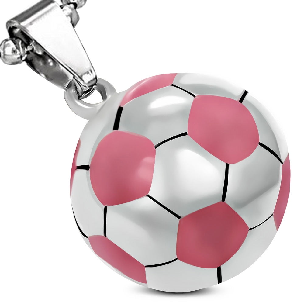 Stainless Steel SilverTone Pink Soccer Ball Football Pendant Necklace, 18"