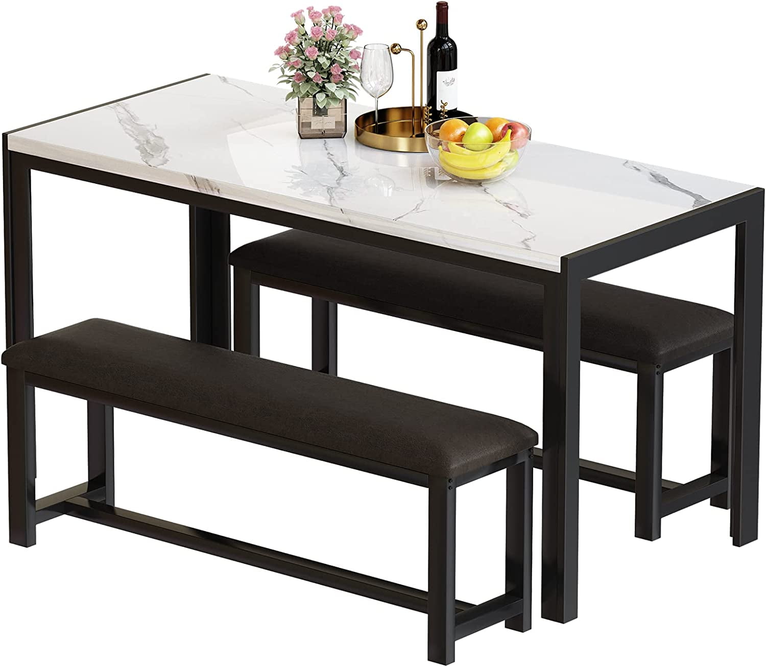 Baxluxe Dining table set with 2 benches, 4-6 person dining table set, 4 person dining table set, faux marble breakfast table set, and PU leather padded bench, suitable for small spaces, apartments
