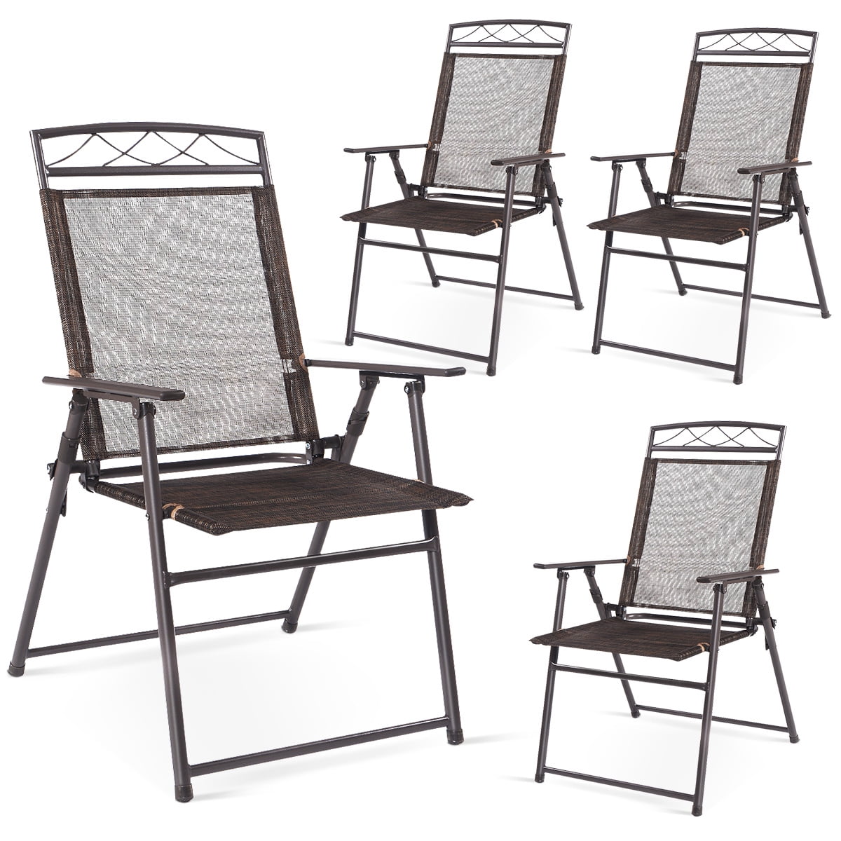 Giantex Set of 4 Patio Dining Chairs 4, Gray Headrest Outdoor Portable Chairs with Metal Frame Folding Lounge Chairs with 7 Level Adjustable Backrest 300 Lbs Capacity 