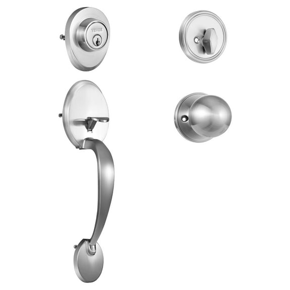 KFFKFF Front Door Handle and Deadbolt Set, Black Front Door Lock Set with Reversible Knob Handle, Modern Front Door Hardware, Single Cylinder Front Door Entry Lock, Silver
