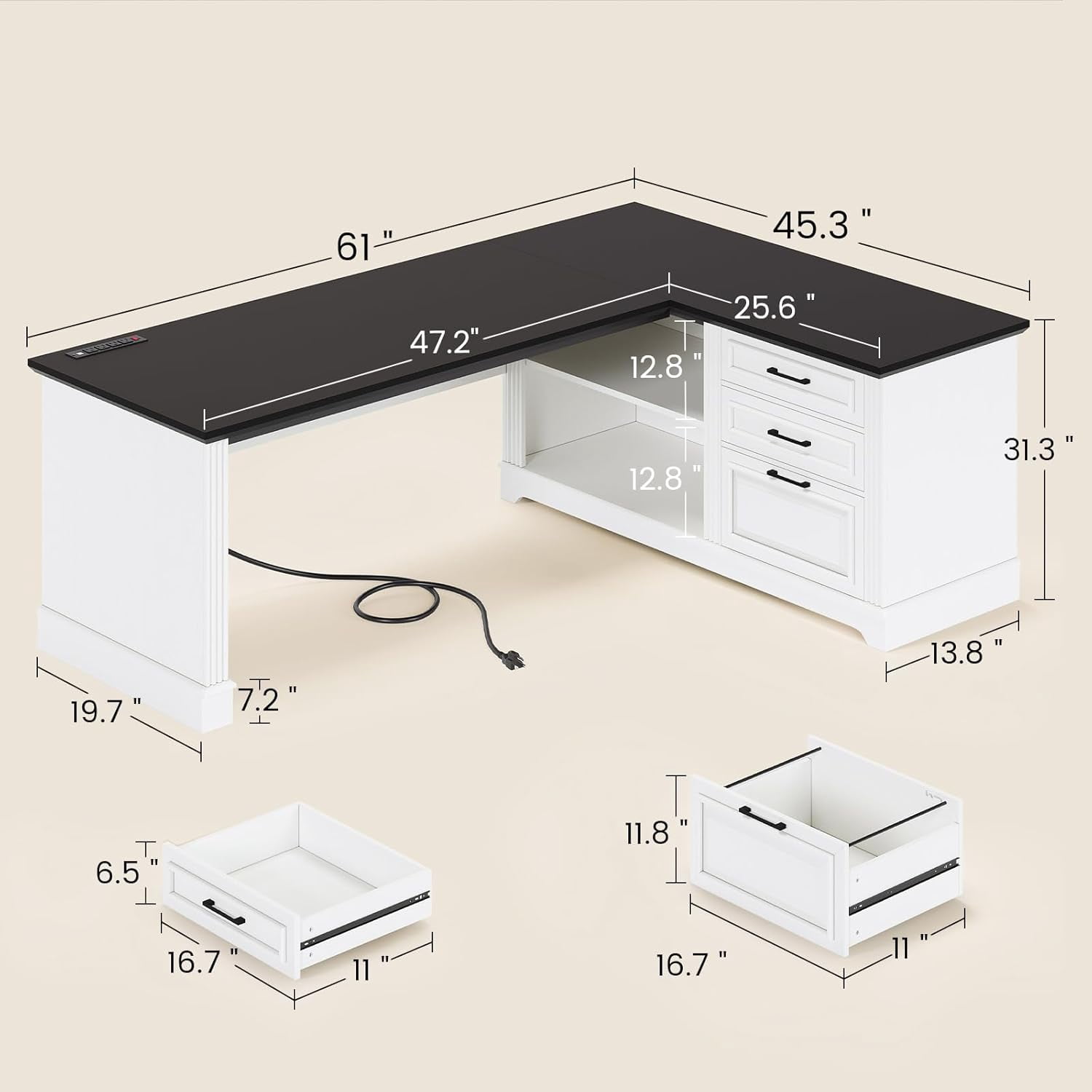 SEDETA Farmhouse 61" Executive L Shaped Desk, Home Office Desk with File Drawers, Computer Desk with Power Outlets and Storage Shelves for Home Office, White