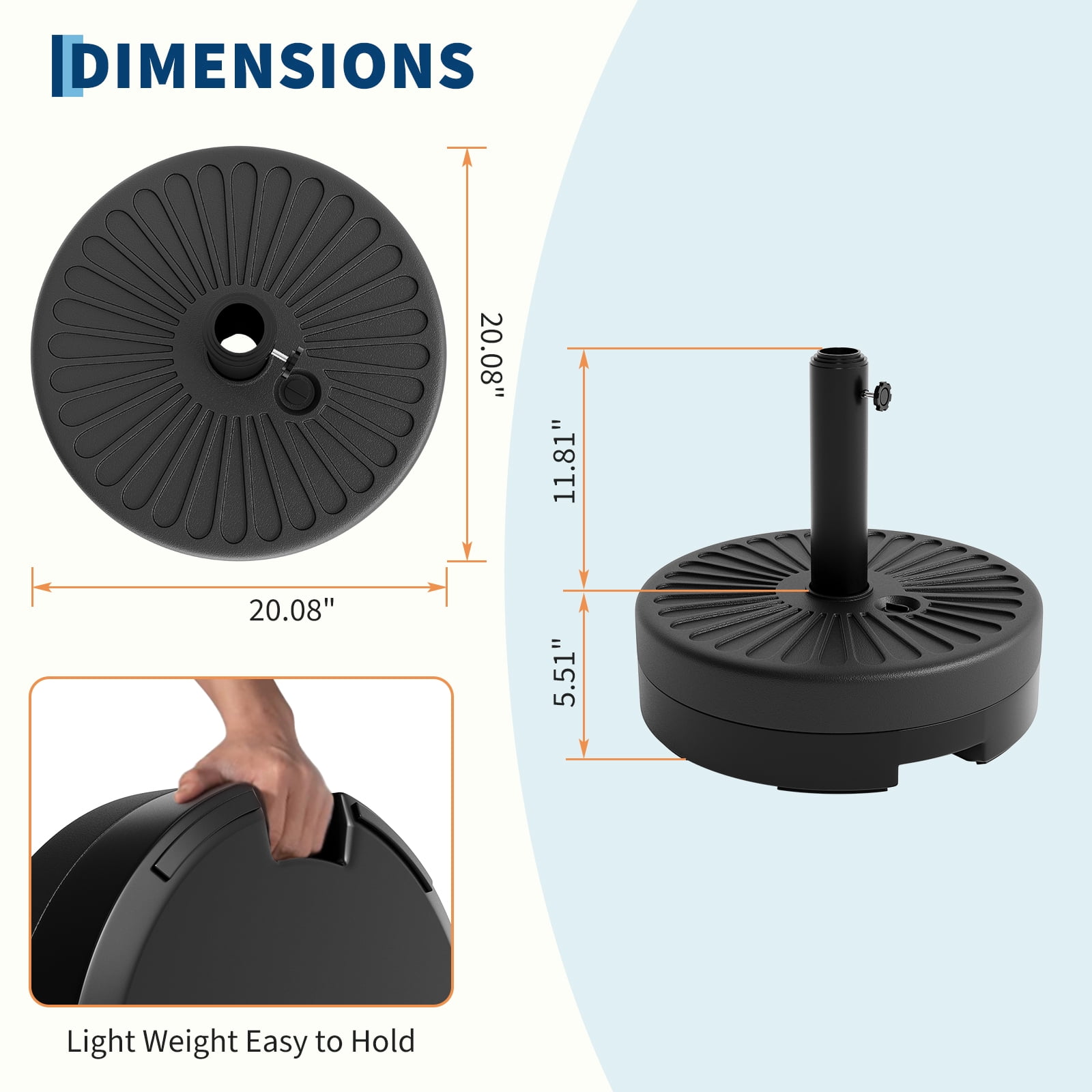 EuKer 20.08" Outdoor Umbrella Stand Base with Adjustable Steel Pole Adapter and Water/Sand Filled for 7.5-11 ft Umbrellas, Black