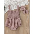 thumbnail image 3 of Baby Summer Jumpsuit Outfit Solid Color Ruched Toddler Girl Casual Sleeveless Suspender Rompers and Headband, 3 of 8