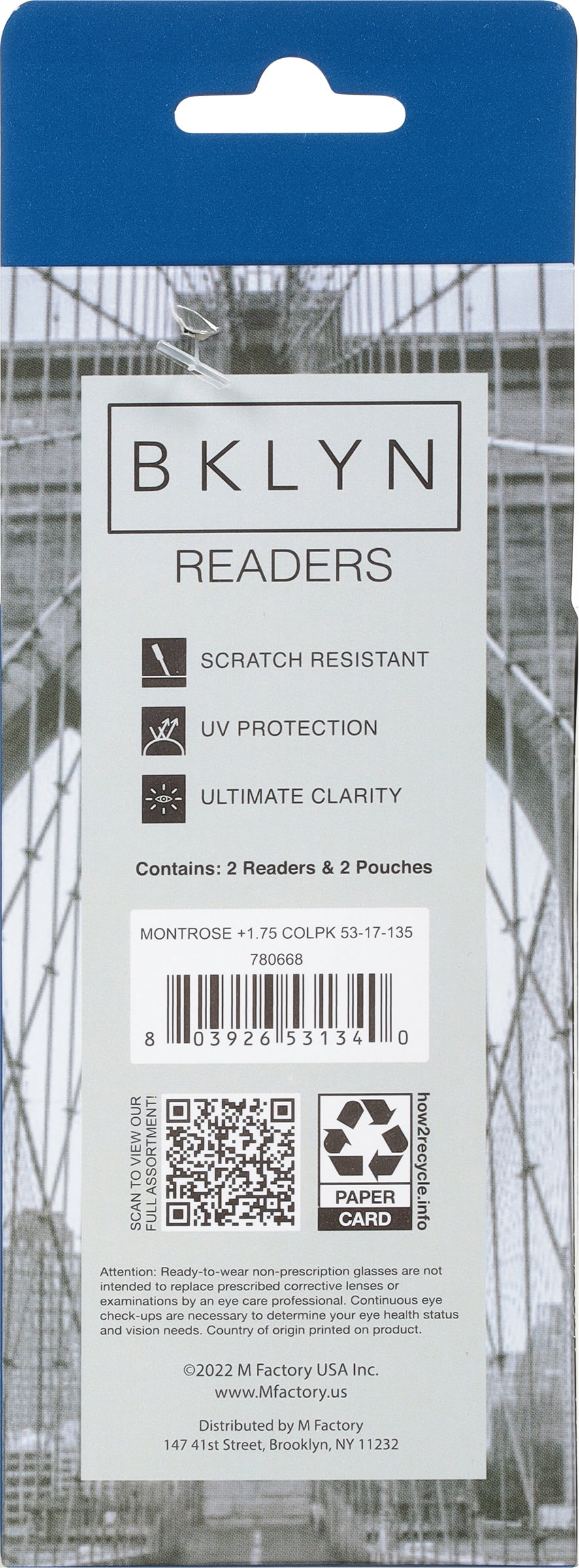 (2 pack) Bklyn, Montrose +1.75, Adult, Mens, Plastic Reading Glasses & Pouches Value Pack , 2 Ea