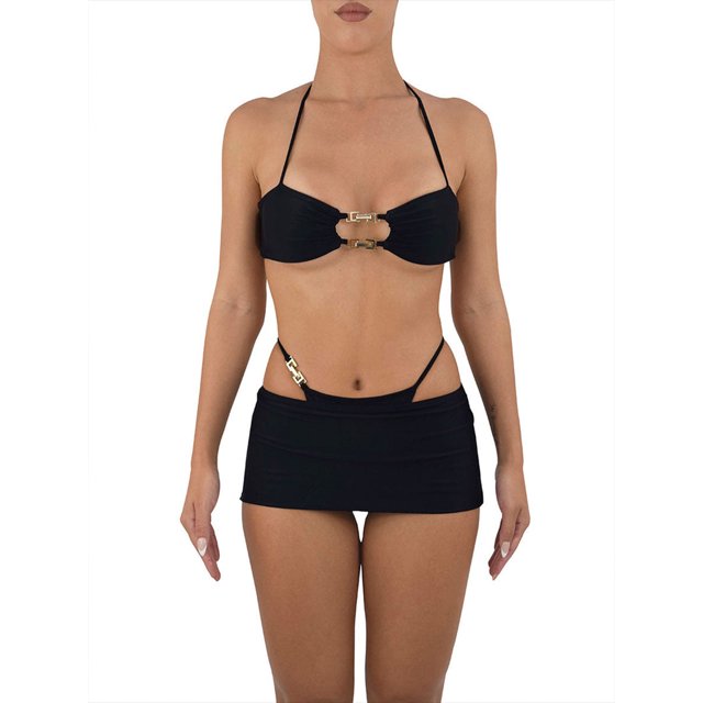 VISgogo - Conjunto de ropa de tres piezas para mujer, cuello halter sin mangas, tops huecos + tanga + falda VISgogo moda