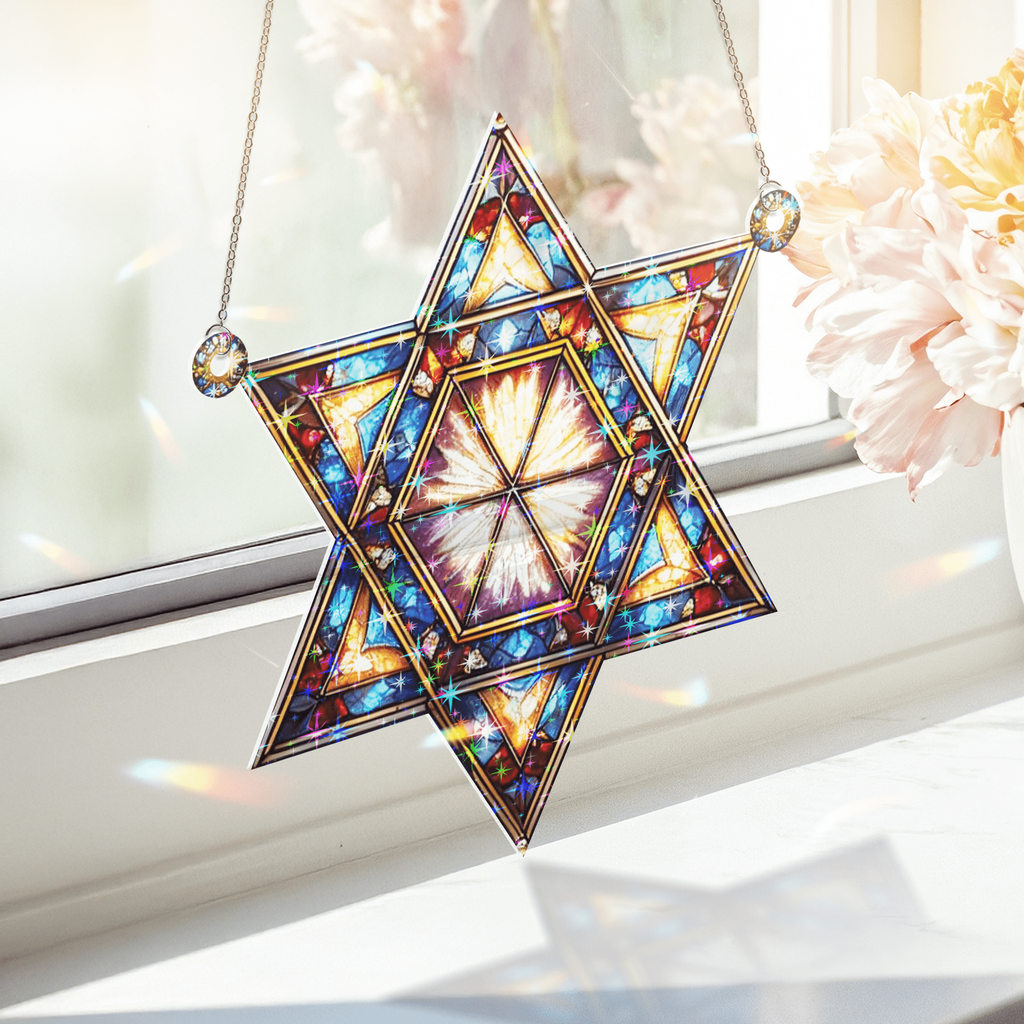 89Bloom Star of David Stained Glass Hologram Ornament, Stained Glass Suncatcher Ornaments Home Decor, Holographic Ornaments