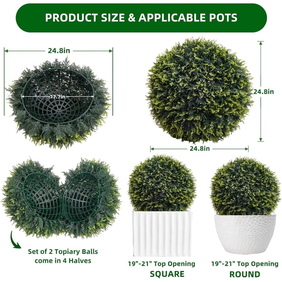 OUYAWEI 24,8 Po 2 Pcs Boules Topiaires Artificielles Fausses Chaînes Suspendues en Eucalyptus Tuiles à Fermeture Éclair Boule d'Herbe de Cèdre Décoration Maison