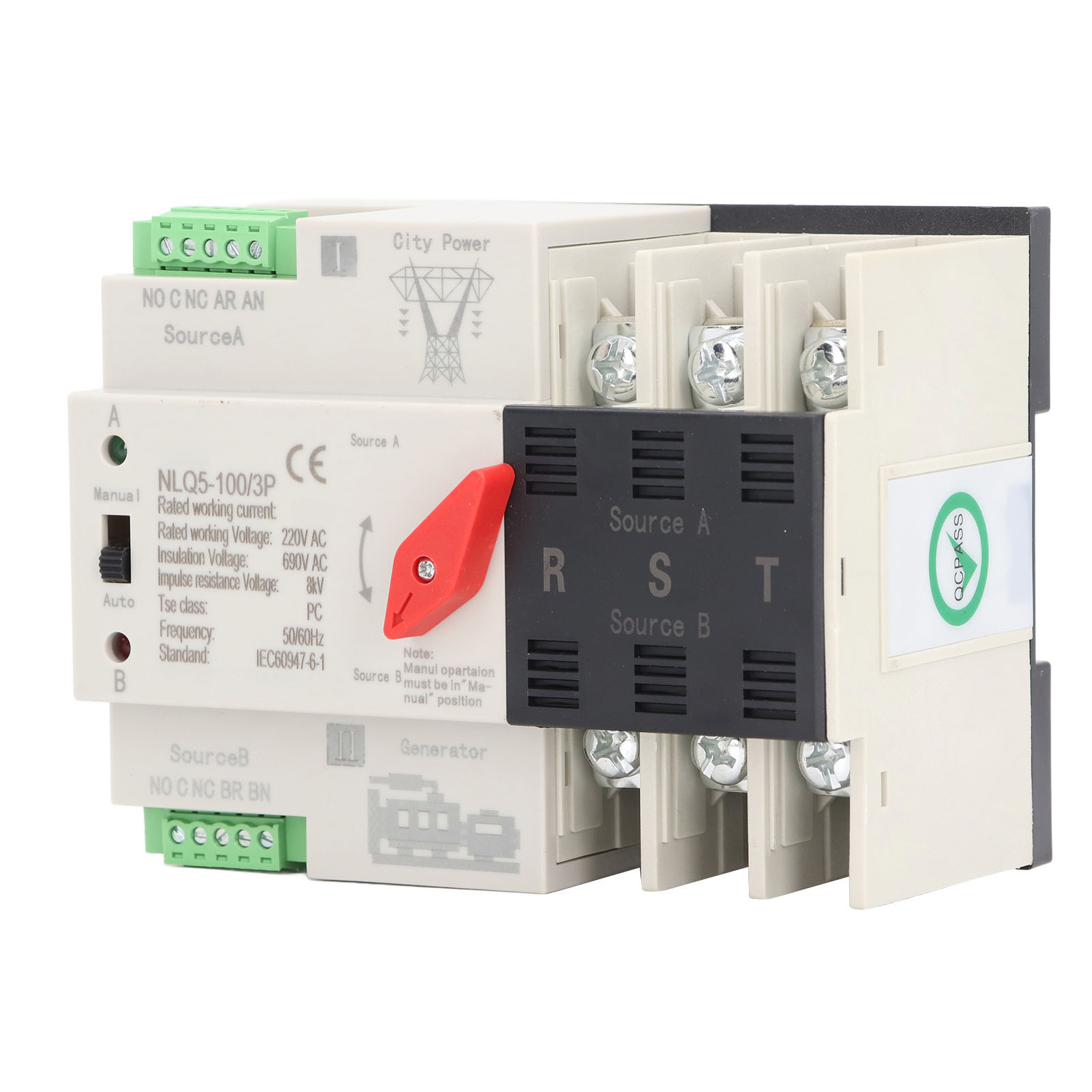 Transfer Switch, Dual Power Automatic Transfer Switch 3P Millisecond Fast Switching Timing Controller AC220V Rail Type ATS Mains to Motor (63A)