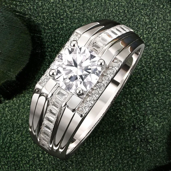 Forever Jewels 2Ct Round Moissanite Mens Wedding Ring 14K White Gold Plated