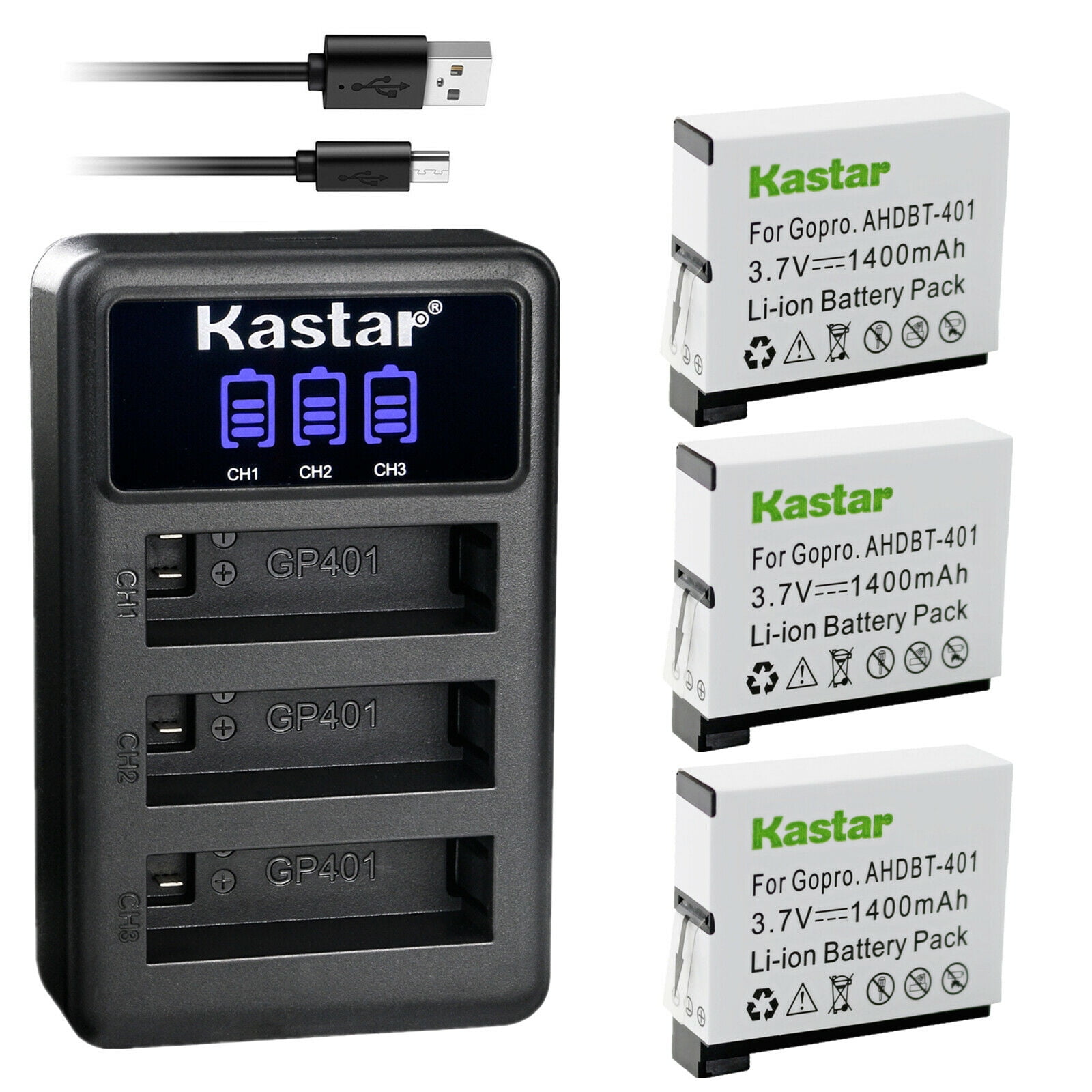 Kastar 3 Pack Battery and LCD Triple USB Charger Compatible with Gopro4 Hero4 AHDBT-401 AHBBP-401 Battery HERO4 Black Hero 4 HD Black HERO4 Silver Hero 4 HD Silver Action Sport Camera