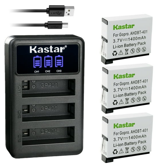 Kastar 3 Pack Battery and LCD Triple USB Charger Compatible with Gopro4 Hero4, AHDBT-401, AHBBP-401 Battery, HERO4 Black, Hero 4 HD Black, HERO4 Silver, Hero 4 HD Silver Action Sport Camera