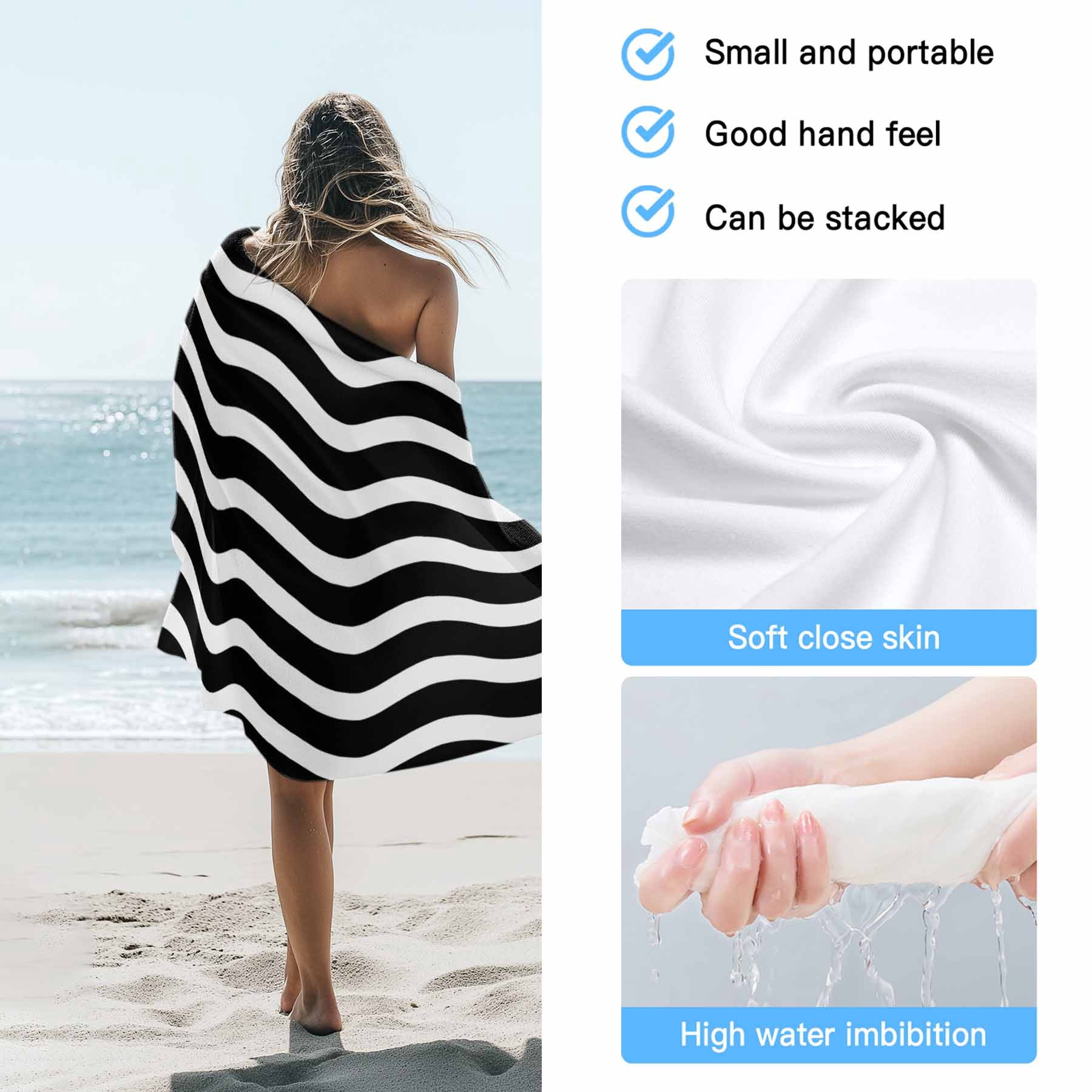 Geometric Striped Pattern Beach Towels Blanket Soft&Absorbent Quick Dry Microfiber Black and White Wave Pattern Pool Towels for Swimming ,Yoga, Sports, Gym, Camping,Large 35X70in,