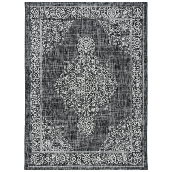 SAFAVIEH Courtyard Lynna Medallion Indoor/Outdoor Area Rug, Black/Grey, 4’ x 5’7”