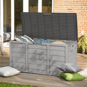 SUNCROWN 75 Gallon Outdoor Storage Box with Handles, Large Wood Grain Deck Box with Padlock, Large Deck Storage Container for Pool, Garden, Yard, Porch (Grey)
