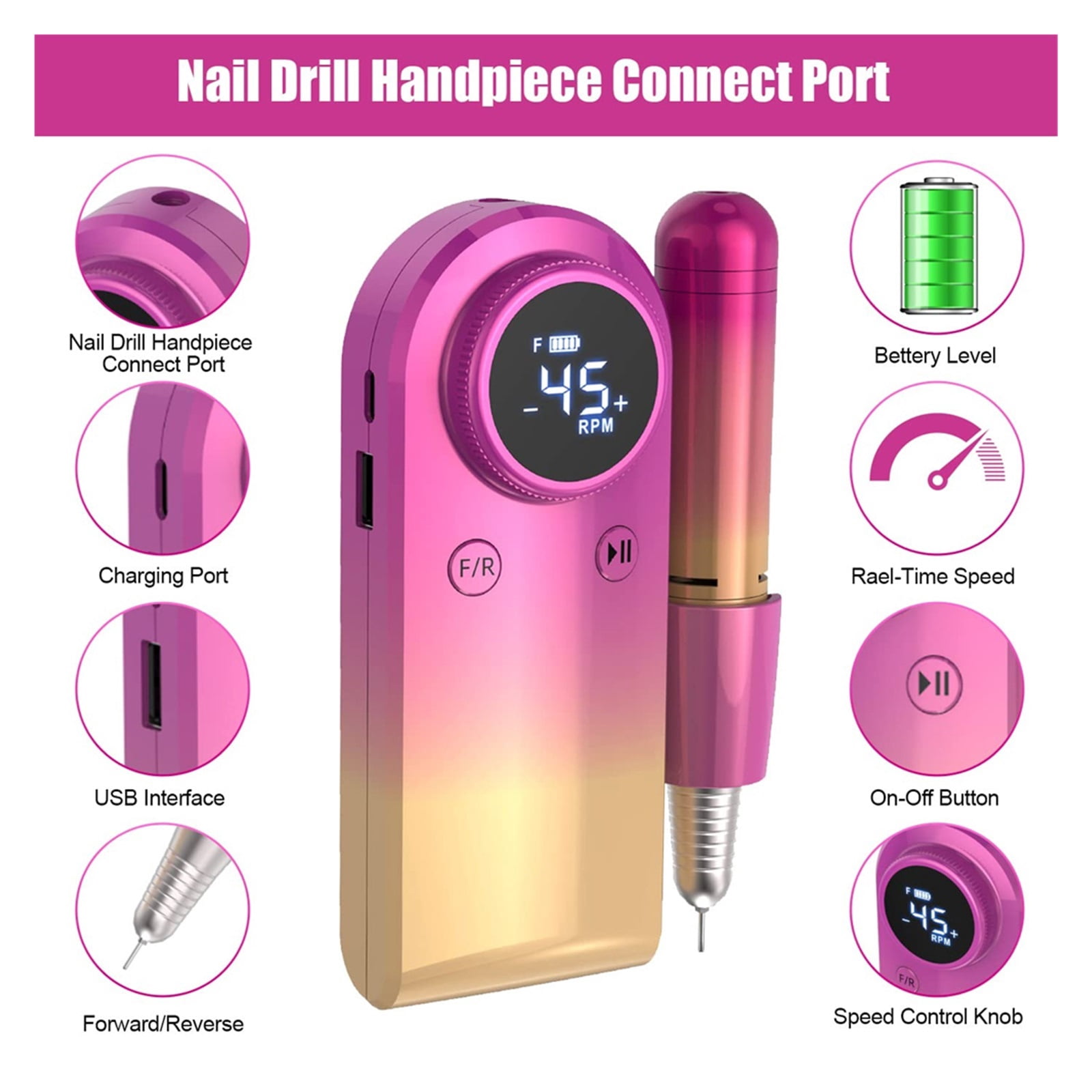 Rechargeable Nail Drill Electric Nail File, 45000RMP Professional Nail Drill Kit For Acrylic Nail Gel, Manicure Pedicure Polishing