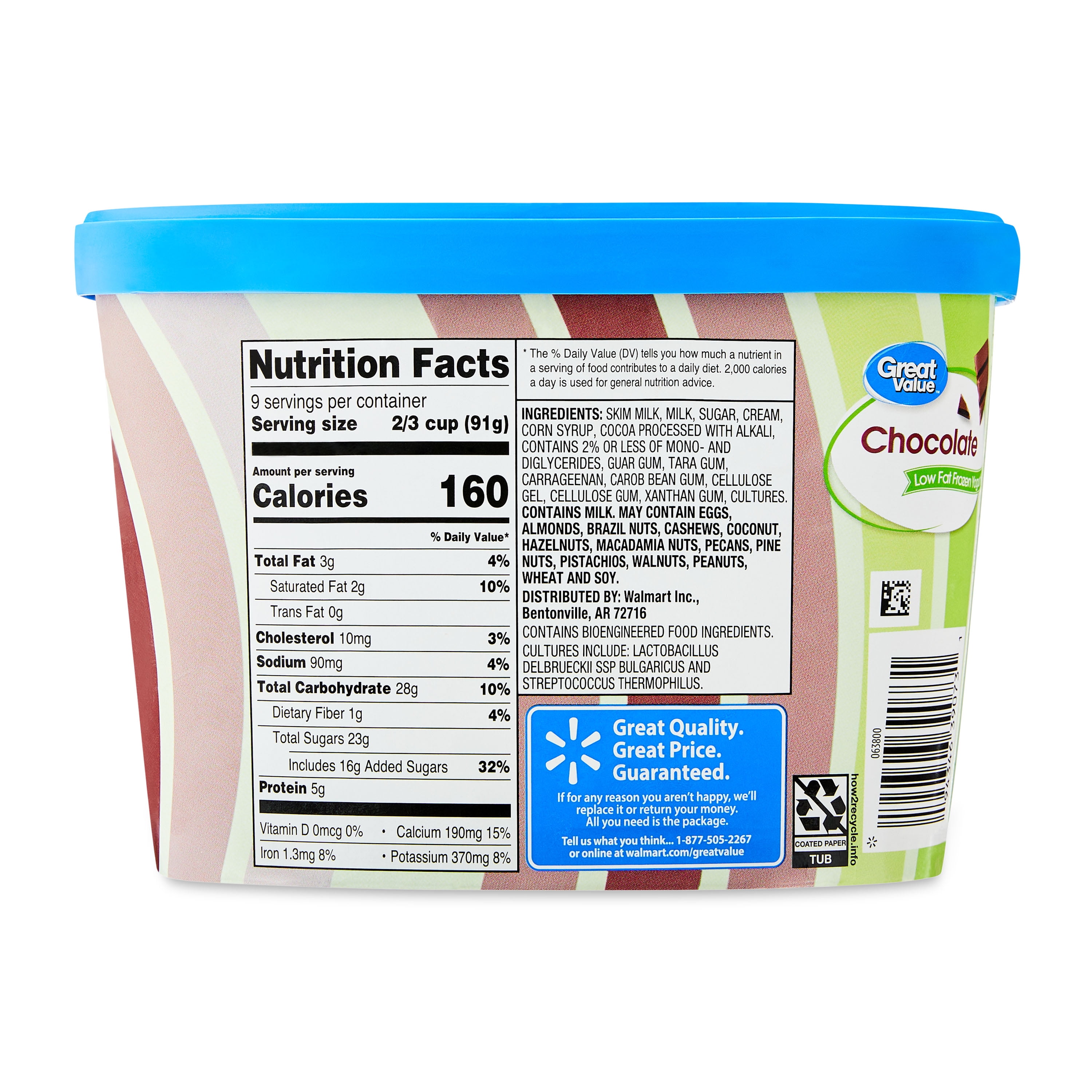 Great Value Chocolate Low Fat Frozen Yogurt, 48 fl oz Tub