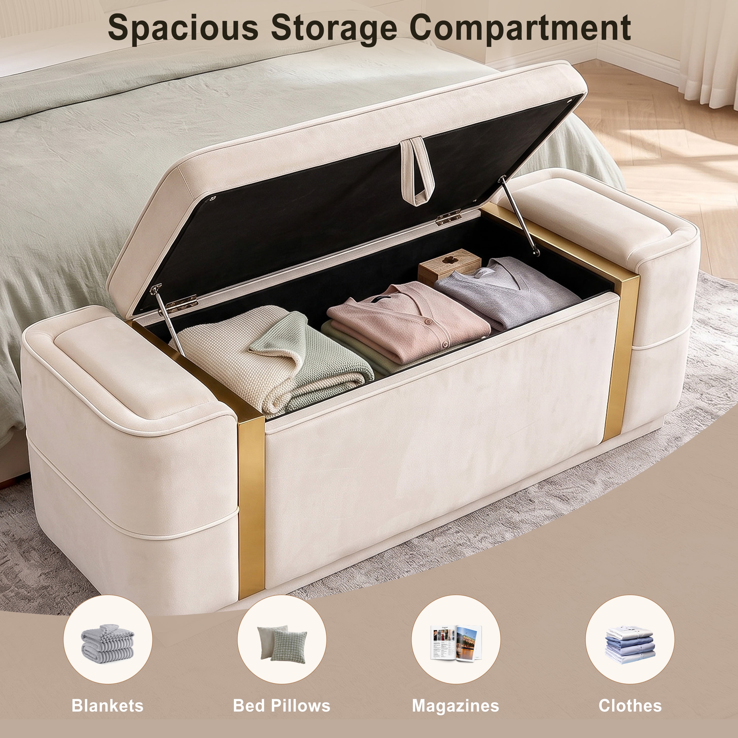 Euroco 47.2" Storage Ottoman Bench,Upholstered End of Bed Bench with Seating, Entryway Bench for Living Room Bedroom,Beige