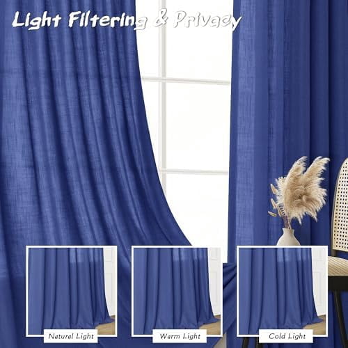 Classic Blue Linen Semi Sheer Curtains 84 Inches Length Light Filtering Neutral Farmhouse Boho Rod Pocket Back Tab Hook Belt Clip Rings Window Drapes for Bedroom Living Room 2 Panels 52x84