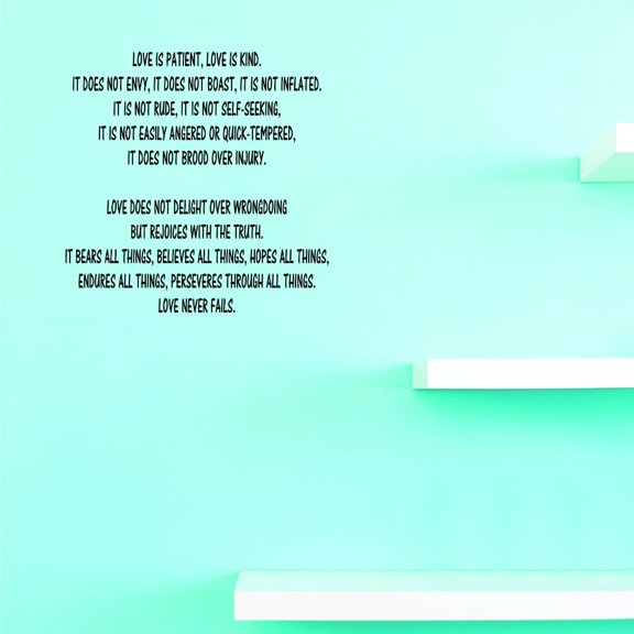 Custom Decals Love Is Patient, Love Is Kind. Love Never Fails. Wall Art Size: 16 X 16 Inches Color: Black