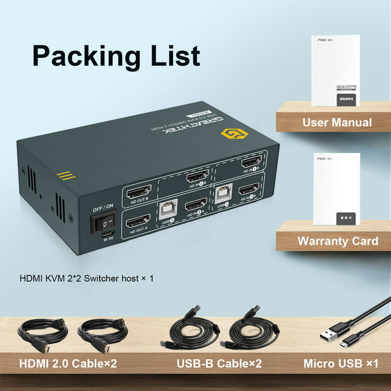 HDMI KVM Switch Dual Monitor 2 Port,4K@60Hz,4 USB 2.0,KVM Switch