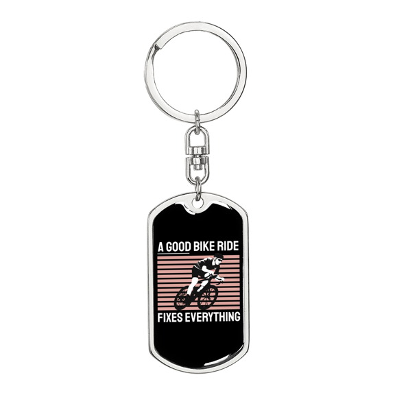 Bike Ride Fixes Everything Cycling Stainless Steel or 18k Gold Premium Swivel Dog Tag Keychain