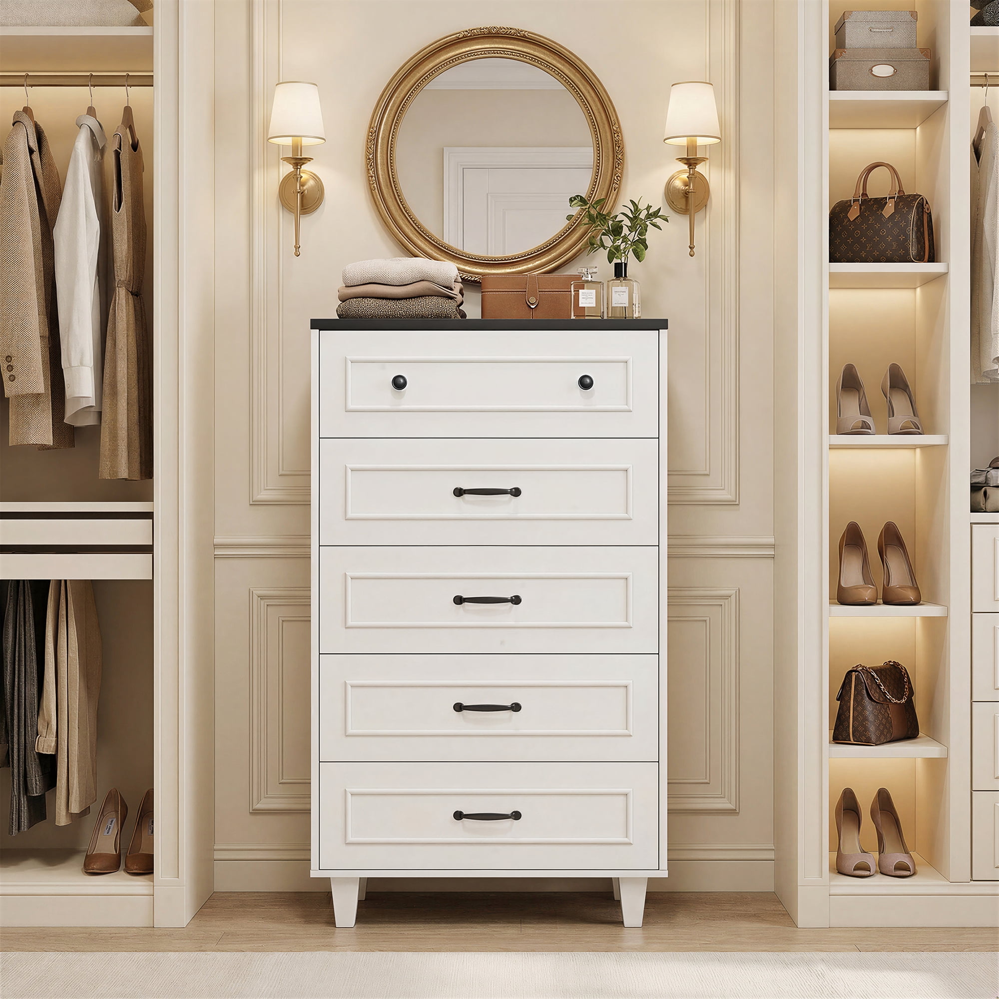 MARNUR 5 Drawer Dresser for Bedroom, Classic Farmhouse Tall Chest of Drawers, Storage Cabinet for Living Room Entryway, White & Black