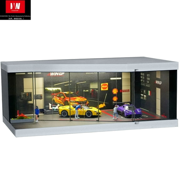 Diorama 1/64 Scale Car Parking Lot Model, LED Lighting Shown, Diecast Car Garage Scene Display Case Model Toy with Acrylic Dust Door, Collection Toys