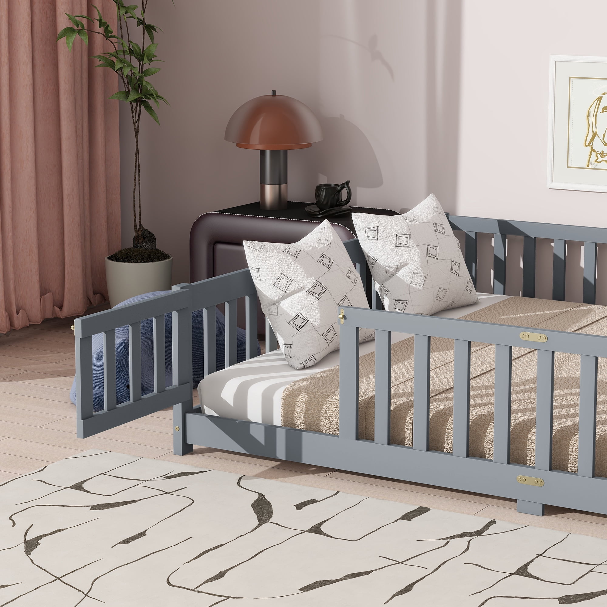 Leumius Queen Size Floor Bed with Fence and Door, Montessori Floor Bed with Safety Guardrails for Boys Girls Grey