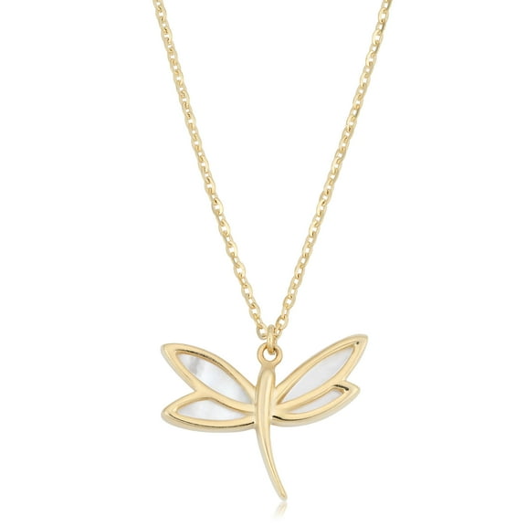 KoolJewelry 14k Yellow Gold Mother of Pearl Dragonfly Necklace (18 inch)