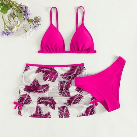 BYHONG Kids Girls 3-Piece Swimsuits: Bikini Tops  Underpants  and Print Skirt Set - Adorable and Functional Bathing Suits for Girls Hot Pink 160US Size