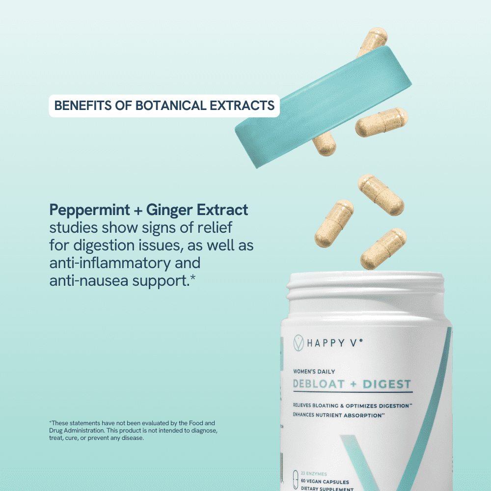 Happy V Debloat + Digest - Digestive Enzymes for Women to Support Bloating, Gas, Constipation, Gut Health, and Nutrient Absorption – Stomach Comfort & Digestion Support Supplement – 60 Vegan Capsules