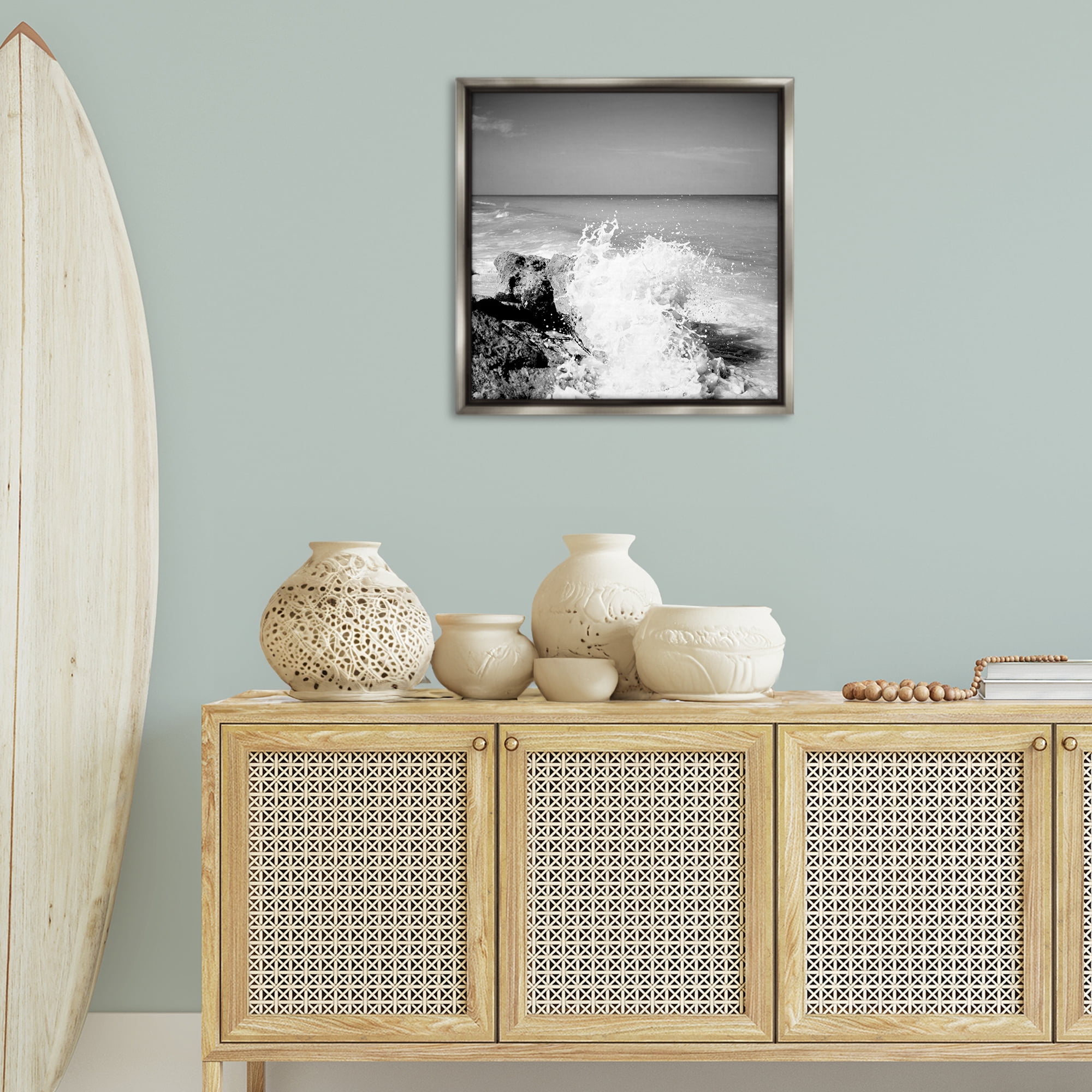 Stupell Industries Splashing Rough Waters Coastal Photography Gray Floater Framed Canvas Art Print Wall Art, 25 x 25