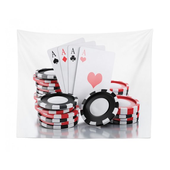 Poker Tapestry, Monochrome Style Casino Chips Dice and Playing Cards on Star Motif Art Image, Fabric Wall Hanging Decor for Bedroom Living Room Dorm, 2 Sizes, White and Black, by Ambesonne