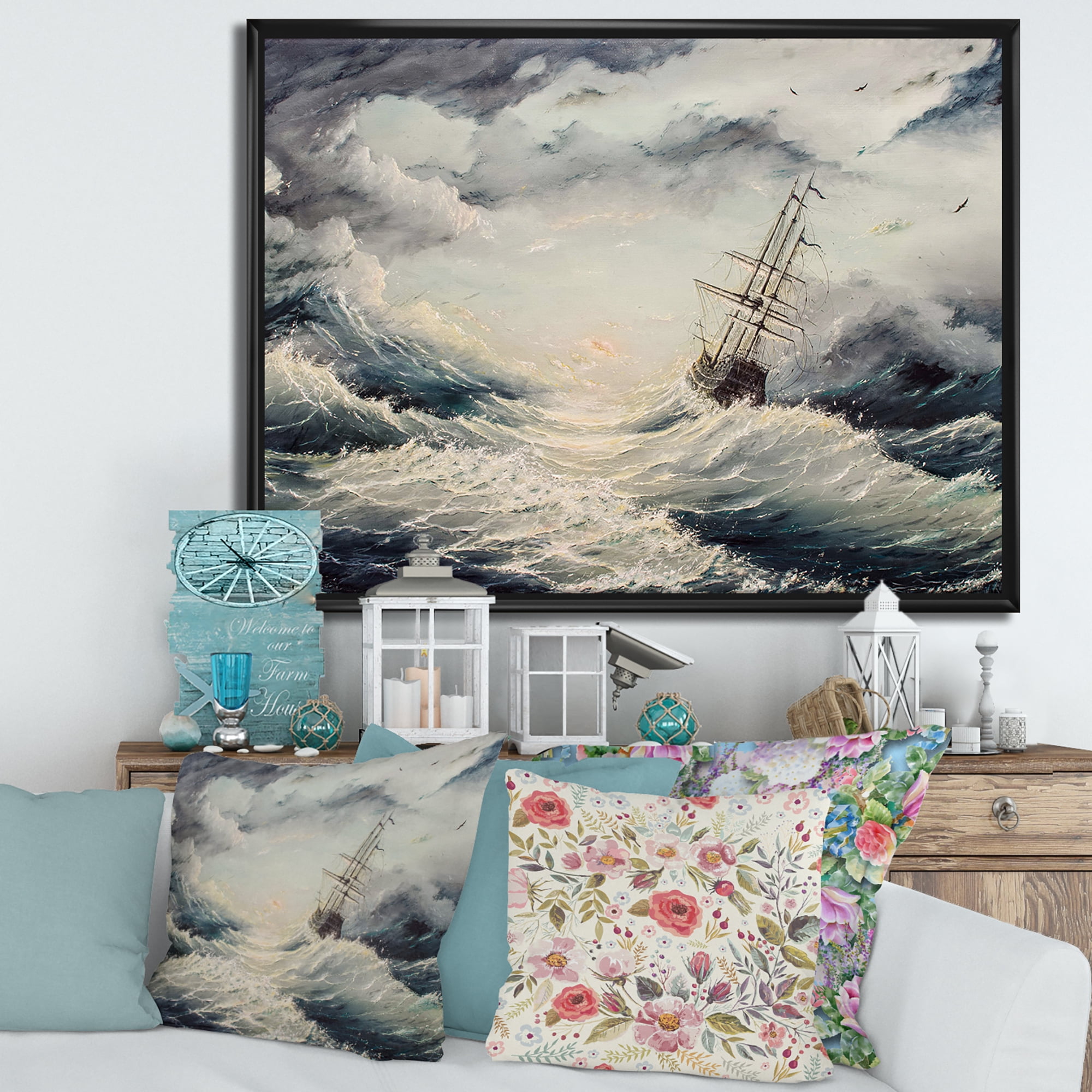 Designart 'Ship Struggles With The Sea Storm' Nautical & Coastal Framed Canvas Wall Art Print