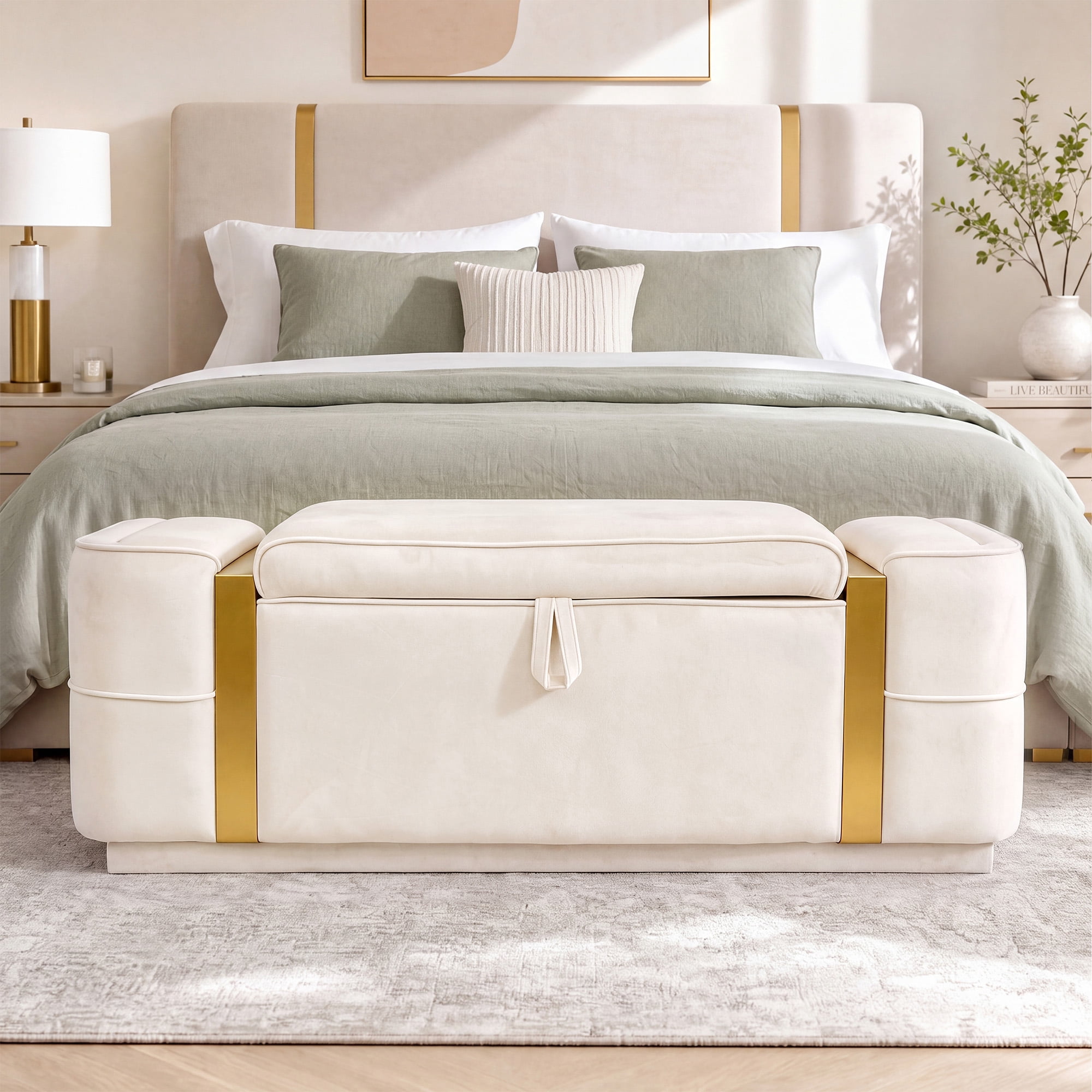 Euroco 47.2" Storage Ottoman Bench,Upholstered End of Bed Bench with Seating, Entryway Bench for Living Room Bedroom,Beige