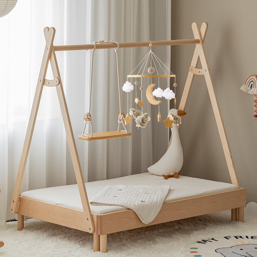 Baby Crib Mobile Wind Chime – Wooden Bed Bell Hanging Pendant, Soothing Toy for Newborns, Home Nursery Decoration, Cream-Coloured