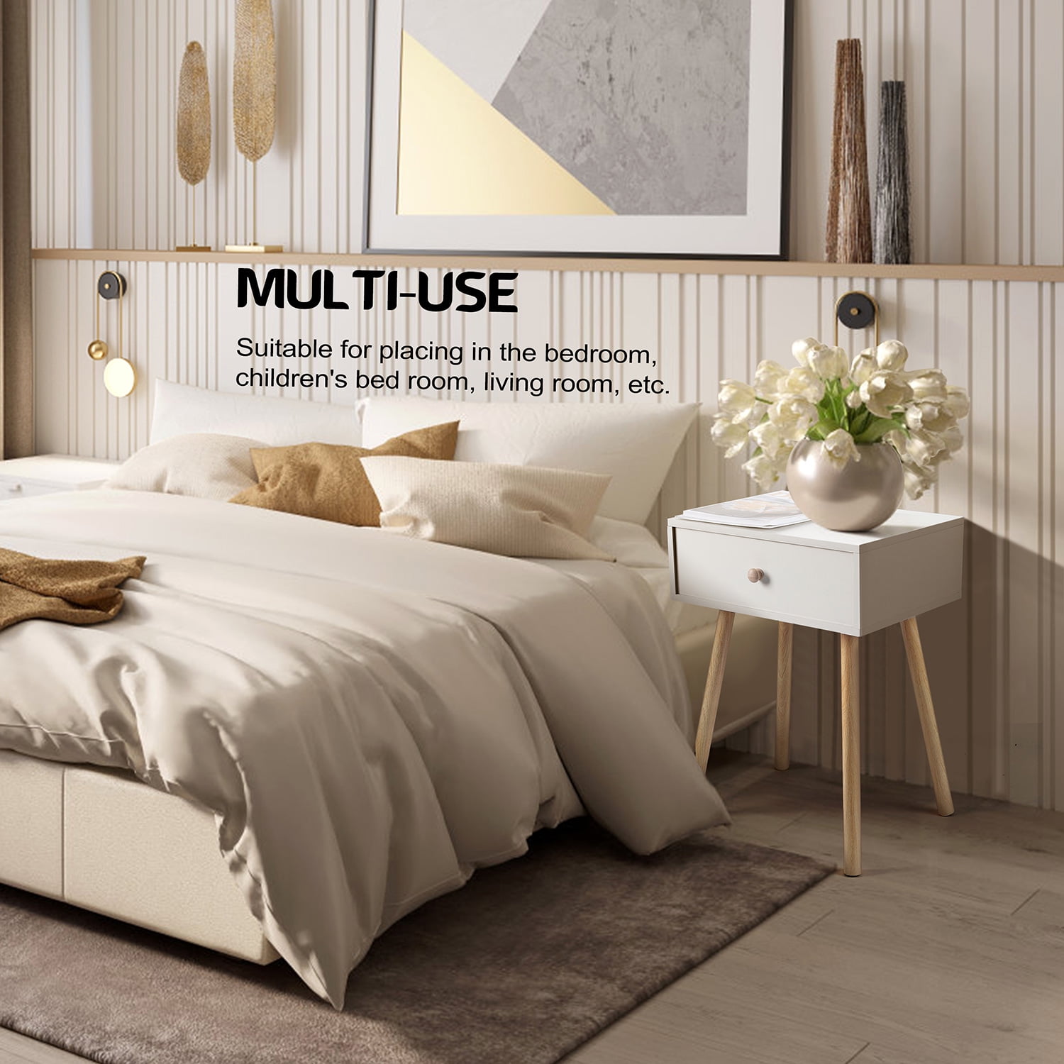 Vesteel Nightstands Set of 2, Modern End Table with Drawer, White Bedside Furniture Dresser for Bedroom, Living Room