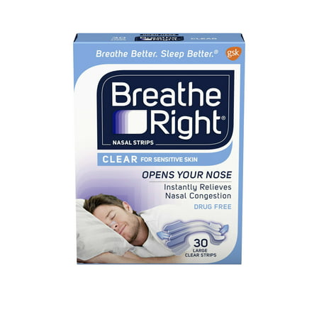 Breathe Right Nasal Strips to Stop Snoring, Drug-Free, Large, Clear for Sensitive Skin, 30