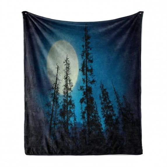 Dark Blue Soft Flannel Fleece Throw Blanket, Low Angle View of Spooky Mysterious Forest with Tall Trees Big Full Moon, Cozy Plush for Indoor and Outdoor Use, 70" x 90", Blue Black White, by Ambesonne