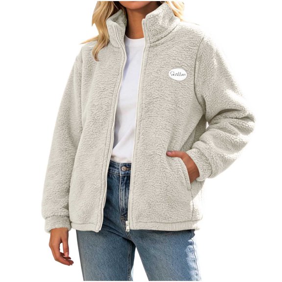Diufon Women's Fuzzy Fleece Coats Full Zip Stand Collar Long Sleeve Fall Winter Warm Outwear Jacket with Pockets