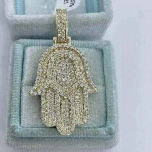 Lab Created 2Ct Diamond Round Cut Hamsa Hand Pendant 14K Yellow Gold Plated 925 Silver