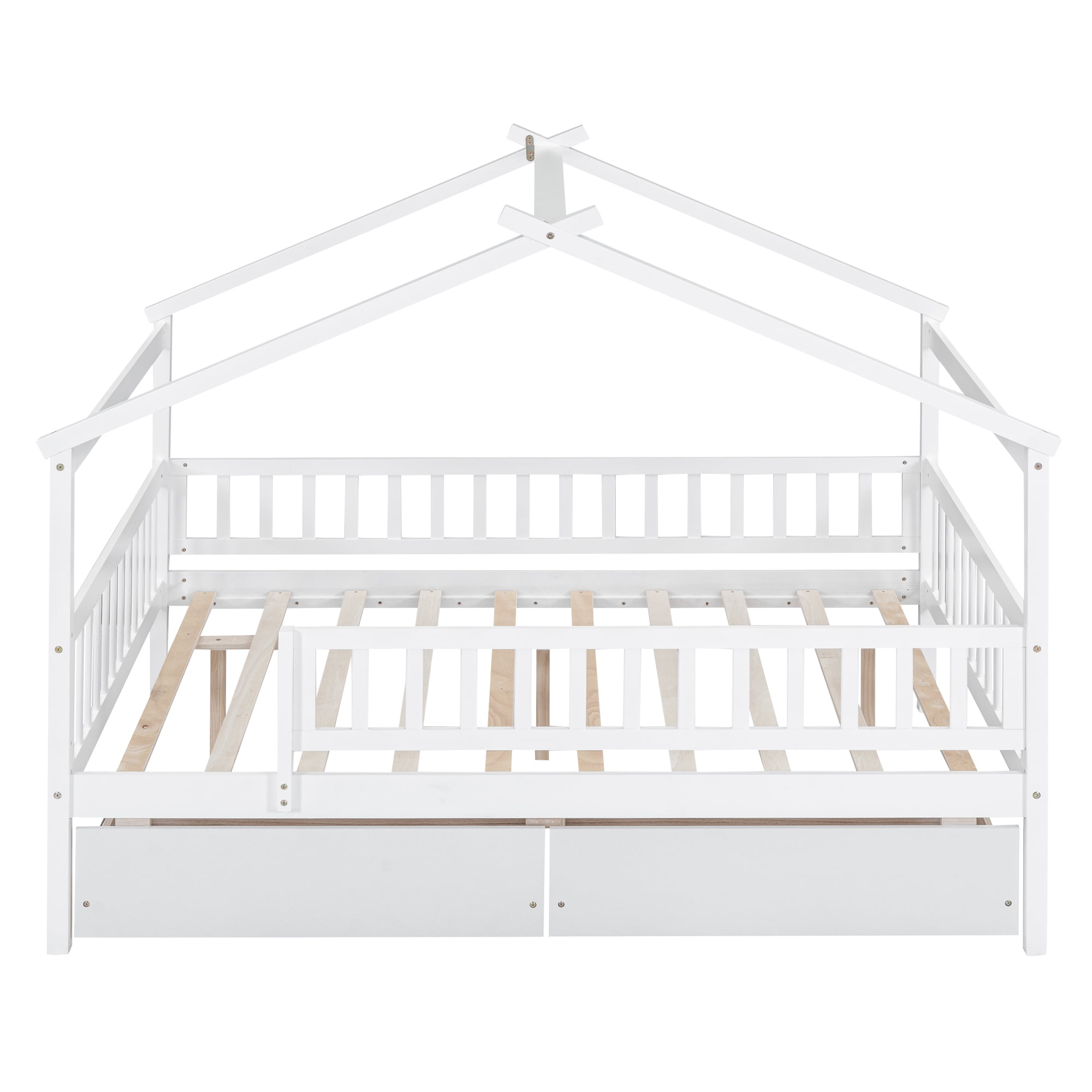 Bellemave Full Size House Bed with Storage Drawers Playhouse Platform Bed Wooden House-shaped Bed Frame with Fence Guardrail and Roof (Full size, White)